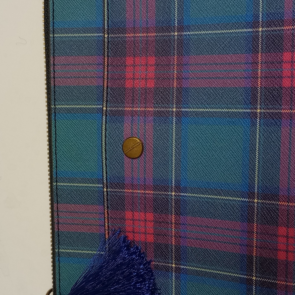J.CREW BLUE & PINK PLAID ENVELOPE LEATHER CLUTCH WITH TASSEL - Picture 9 of 12